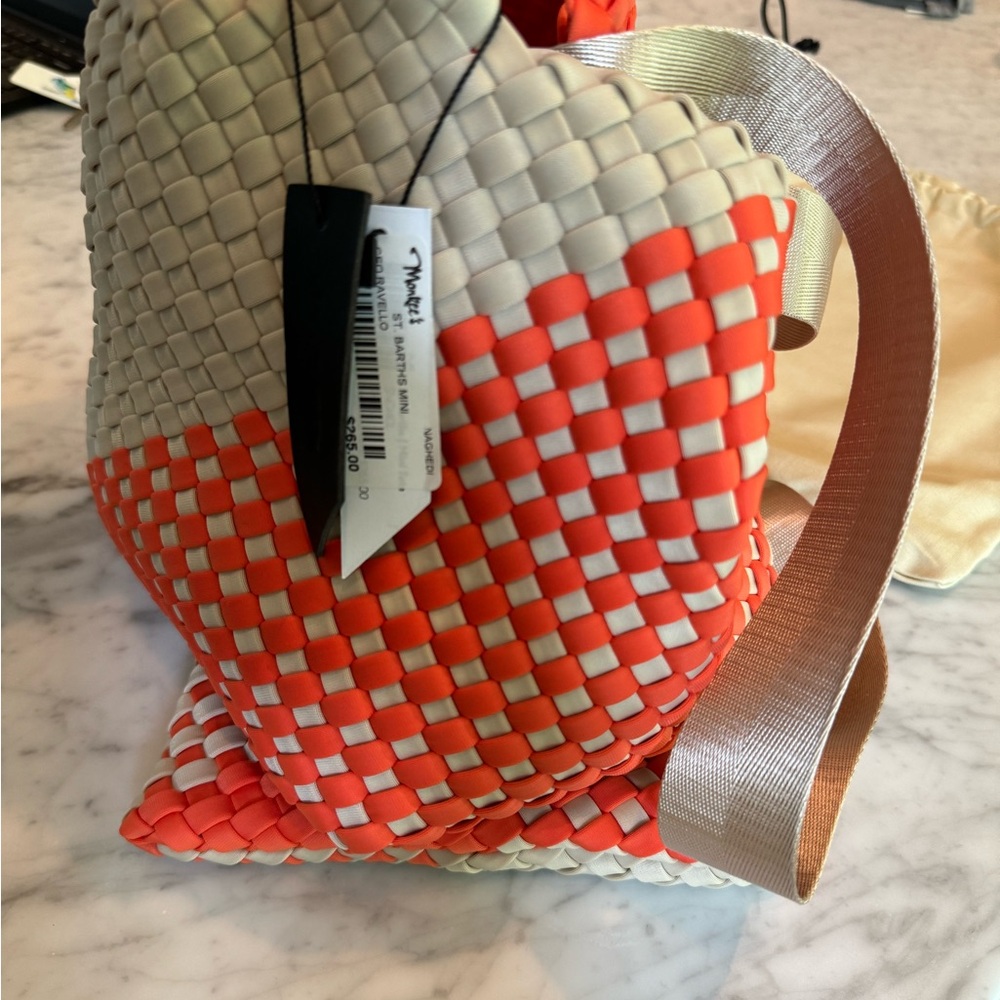 Naghedi St. Barths Mini Orange and Cream Woven Ravello Tote - Picture 4 of 5